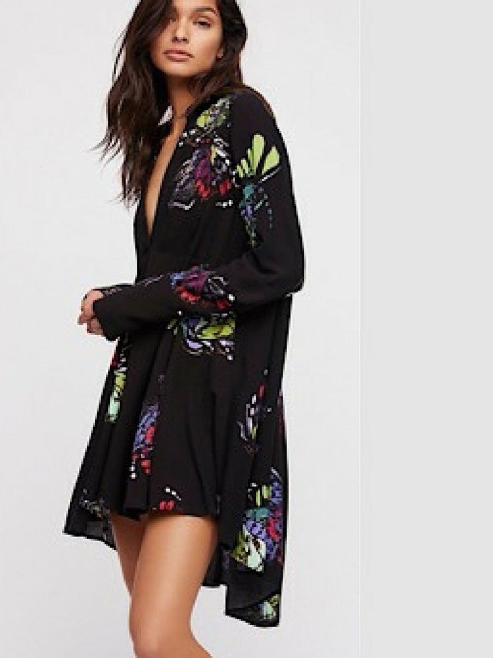 Free People Field Of Butterflies Tunic Top Black Small Boho High Low